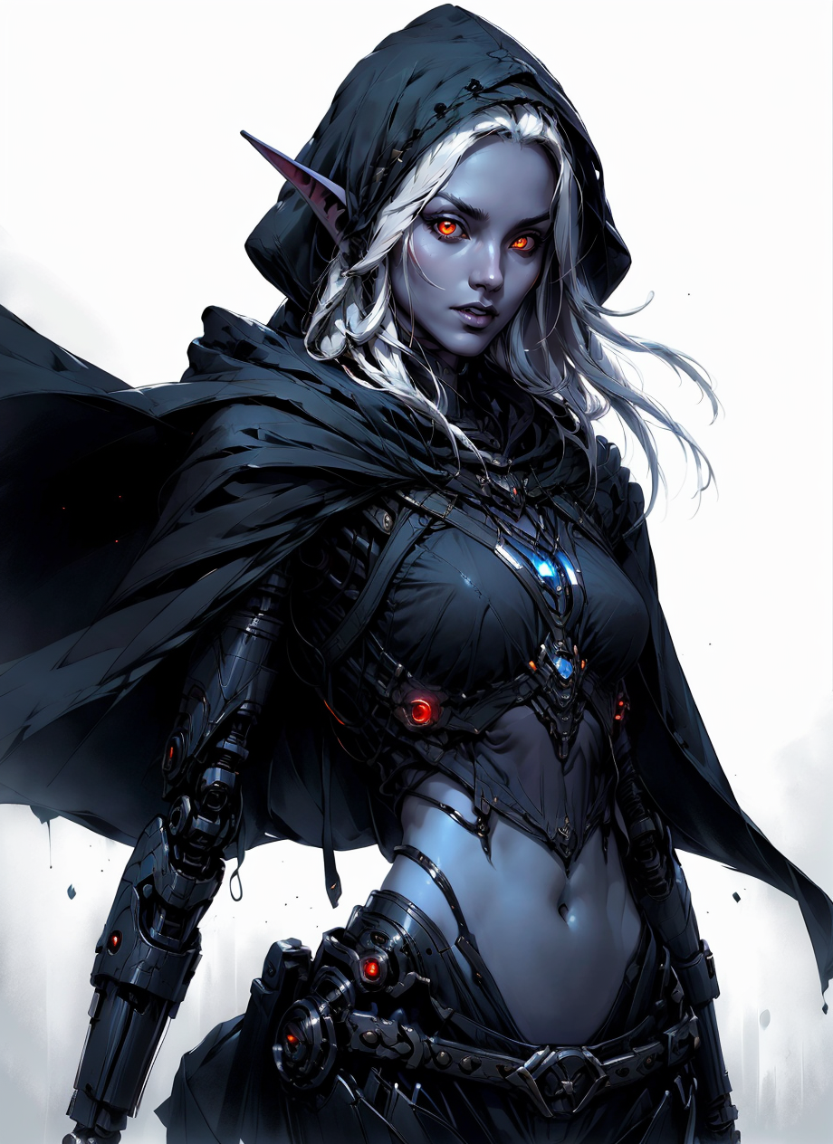 22072454-34667479-drow, female, pointy ears, solo, elf, navel, hood, colored skin, midriff, looking at viewer, long hair, cloak, dark elf, breasts.png